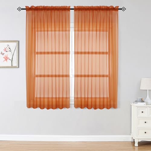 Image of OWENIE Sheer Curtains 54 inches Long for Living Room Bedroom, Rod Pocket Light Filtering Voile Sheers Panels Drapes Small Window Treatments 2 Panels, 42 inch W x 54 inch L, Orange