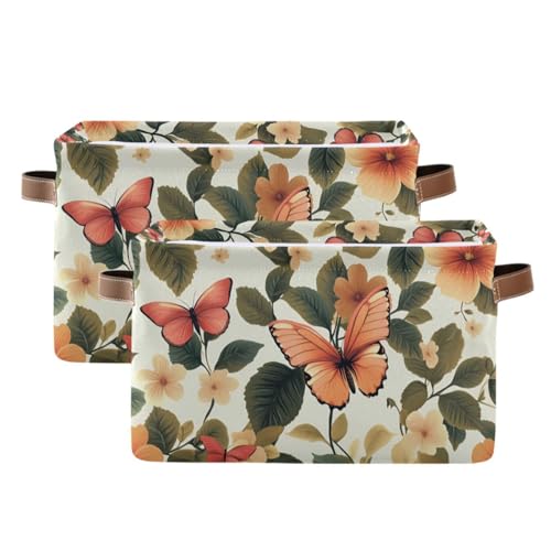 PaChyLuu Flowers and Butterflies Storage Basket Bin Canvas Fabric Organizer Toys Basket with Handles for Home Office Nursery, Clothes, Gifts, 2 Pcs