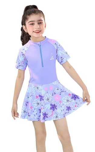Girls Swimsuit Girls One Piece Skirted Swimsuit Short Sleeve Floral Rash Guard Bathing Suit Swim Dress Swimwear2
