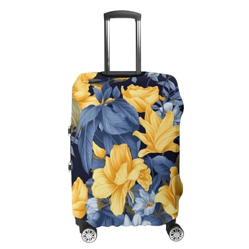 Blue Base Yellow Floral Printed Luggage Cover Protector, Fits 18-32 Inch Luggage4
