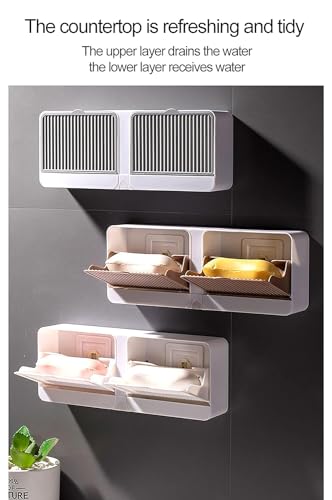 Image of SAHAJ Enterprise Plastic Creative Wall Mounted Double Bar Bathroom Soap Box Holder Soap Dish with Drainage Box Soap Box with Lid Single, Double Grid Soap Draining Rack (3, 2 Lid)