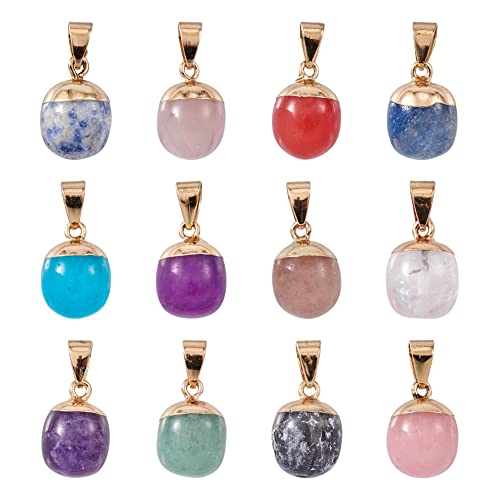 PandaHall 12pcs Natural Mixed Stone Pendants 12 Styles Barrel Shape Healing Chakra Beads Crystal Quartz Stone Charms Pendants with Golden Bails for Jewelry Making