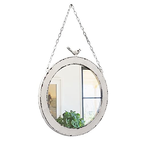 Vintage Large Round Mirrors For Wall Decor 19", Rustic Distressed White Hanging Mirror With Bird And Iron Chain, Farmhouse Metal Circle Wall Mirrors Decorative For Living Room Vanity Bedroom Entryway #TOP17