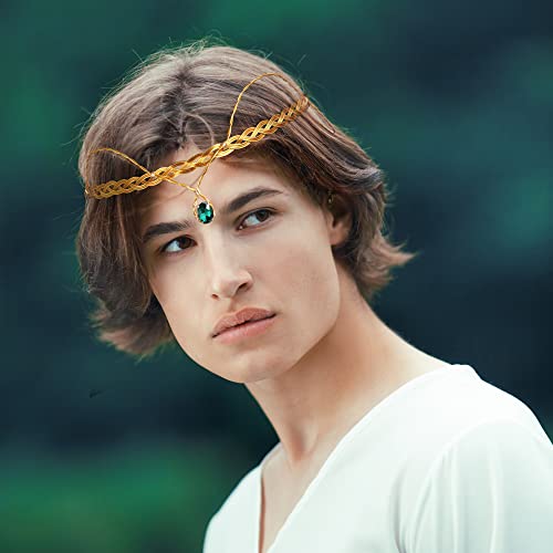 Coteeza Fairy Circlet Crown Viking Celtic Headpiece Gold Headband Tiara With Pendant V-Sharp Braided Hair Decoration Green Rhinestone Wreath For Renaissance Masquerade Carnival #TOP2