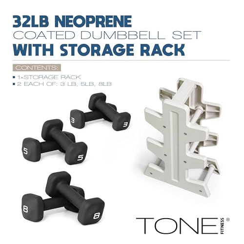 Image of Tone Fitness Neoprene Dumbbell Set with Storage Rack - Non-Slip, Anti-Roll Hand Weights for Home Gym Workouts | 20 lb, 32 lb, 50 lb, 60 lb & 100 lb Options