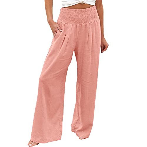 Pantalon en lin pour femme avec jambes larges taille haute coupe ample été