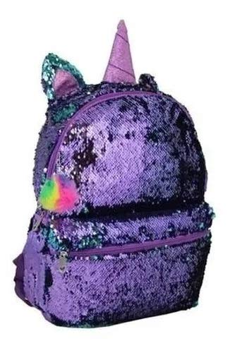 Mochila Feminina Paetê Unicórnio Pompom Muda Cor Clio Roxa