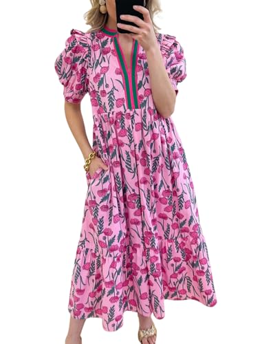 Womens Boho Floral Dresses 2025 Summer Casual Short Puff Sleeve Midi Dress V Neck Tiered Flowy Sundress
