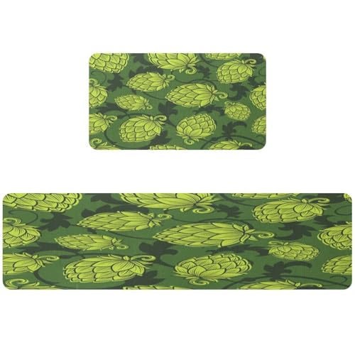 2 tapetes de cocina verdes con conos de lúpulo VAPOKF lavables 2