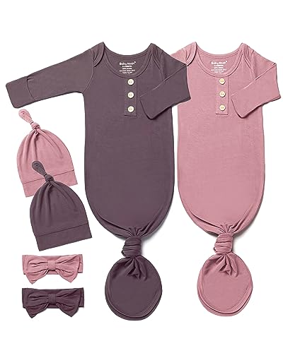 Image of Baby Noah Newborn Knotted Gown Set with Hat and Headband, Soft Tie Bottom Newborn Sleepers for Baby Girl Boy (2 Packs)