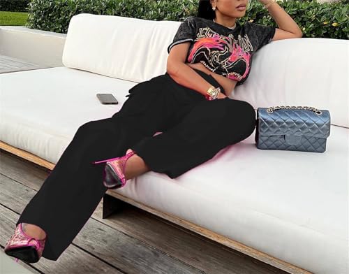 Women Satin Cargo Pants High Waisted Straight Wide Leg Casual Pants Multi Pockets Club Y2k Trousers4