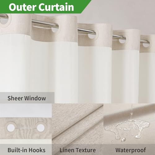 eachope Stall No Hooks Needed Linen Textured Shower Curtain with Snap-in Fabric Liner Set,Hotel Luxury Decor Shower Curtains for Bathroom with Mesh Top Window,Waterproof & Washable,36Wx74H,Cream by eachope - Image 3