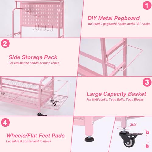 56\'\' Taller Home Gym Storage Organizer, Yoga Mat Storage Rack with Hanging Board, Exercise Workout Equipment Storage Stand for Home Gym, Dumbbell Holder Kettlebell Rack with Wheels and Hooks (Pink)