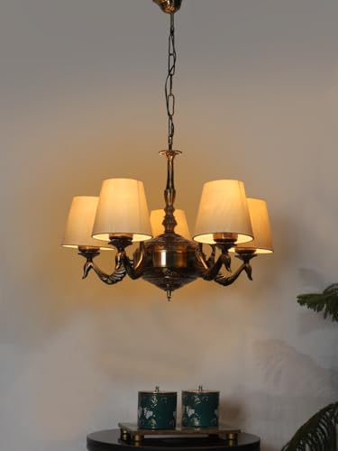 Image of Devansh 05-Light Conical Off-White Cotton Shade Chandelier - Antique Golden Finish | Adjustable Cord | Warm Glow Lamp - Ceiling Light for Living Room, Dining Area, Bedroom & Entryway Decor - D1