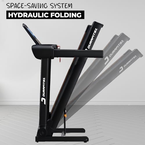 Image of Durafit91 Racer Multifunction 5 HP Peak BLDC Motorized Treadmill| 120 Kg User Weight| 16 Km /Hr Max Speed | Hydraulic Foldable| Bluetooth Speaker | Wynd app | Home use