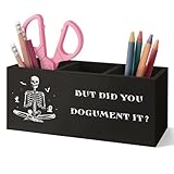 VIIJJUE Gothic Office Supplies Decor Wooden Pen Pencil Holder, Funny Office Gifts for Coworkers-But Did You Document It, Funny Gothic Skeleton Wooden Organizer for Home Desk Table Shelf Decor