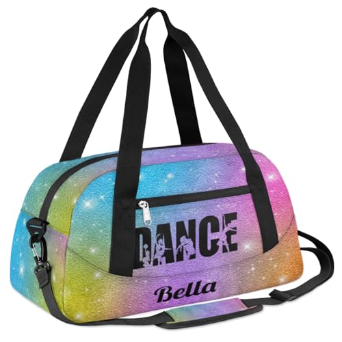 Personalized Custom Girls Dance Bag, Custom Name Sports Gym Bag Kids Duffel Bags Customized Travel Duffel Bag Overnight Weekender Sleepover Tote Bag for Girls, Colorful Glitter Dance2