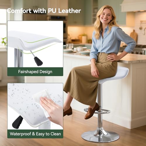 Image of Vogue Furniture Direct Adjustable Bar Stools Set of 2, Modern Swivel PU Leather Airlift Barstools, Backless Kitchen Counter Height Bar Chair for Dining Room (White)