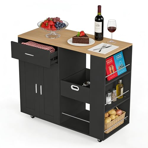BursDany Desserte de Cuisine à roulettes – Chariot de Service avec Plan de Travail, 2 Tiroirs et 3 Étagères à Épices, Meuble de Rangement pour...