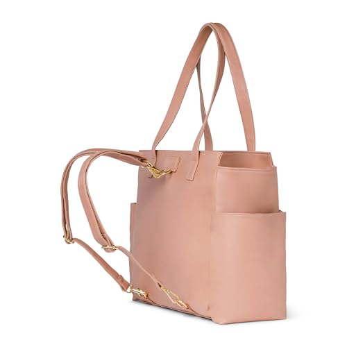 Image of Convertible Tote Bag & Backpack for Women | Faux Leather, 15.6 inch Laptop Compartment | Office, Travel & Everyday Carry | Large, 37cm | Pink