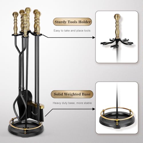 image for Gtongoko Fireplace Tools Set 5 Pcs Wrought Iron Large Fire Tool Set wi