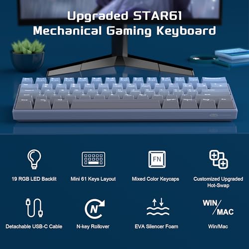 MageGee MK-STAR61 60% Mechanische Tastatur DE Layout, Hot-Swap-fähige kabelgebundene RGB-Gaming-Tastatur mit Farbstoff-Sublimationstastenkappen, vorgeölten Schaltern, Eva-Schaum für Mac/Win (blau) – Bild 3
