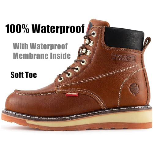 SUREWAY Mens Heavy Duty Soft/Composite/Steel Toe Work Boots for Men-Comfortable,GoodyearWelt,Full Grain Leather,6 in Wedge Moc Toe Construction Boots/Shoes,Waterproof Soft Toe Light Brown,Size 9.52