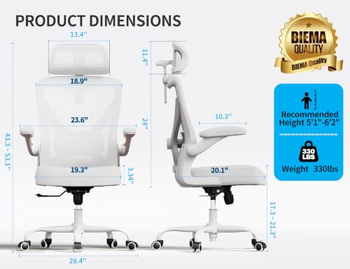 Image of White Ergonomic Office Chair: Mesh Desk Chair Comfy with Adjustable Lumbar Support 400lbs High Back Computer Gaming Chair - Big and Tall Office Chairs with Extra Wide Seat-Adults Home Office