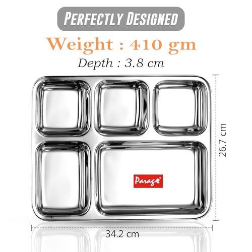 Image of Parage 2 Pieces Stainless Steel 5- Compartment Thali Set /Dinnerware /Dinner Plate Set / 5 in 1 Partition Plates /Kitchenware for Home, Restaurants, Family Use, Bhojan Thali (Silver)