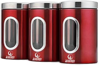 JENNIMER 3PC Kitchen Canister Sugar Food Tea Coffee Candy Storage Jars Stainless Steel with Transparent Windows (Red)