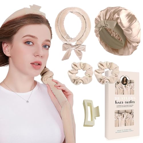 Rizos sin calor, Rulos de Terciopelo para la Noche con Gorro de Dormir, set de Peinado DIY con Banda Rizadora, Rulos de Noche, Banda Rizadora sin Calor para Cabello Largo y Mediano - Beige