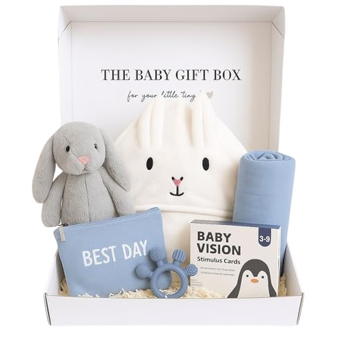 New Baby Gift Basket Set with Adorable Newborn Essentials for Baby Girl and Boy | Quality Baby Shower Gift Baskets with Soft Swaddle Blanket | Cutest Newborn Gift Set, Gift-Ready Packaging (Blue)