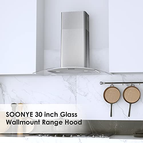 Soonye 30 Inch Wall Mounted Curved Glass Range Hood With 450 Cfm,Stainless Steel Kitchen Ductless/Ducted Convertible With 3 Speed Controls,Permanent Baffle Filters And 2 Led Lights #TOP1