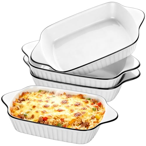 4 Pack Lasagna Baking Dish Set Ceramic Rectangular Dishes with Heat-Resistant Handles Oven Safe& Microwave Safe (Ribbed)
