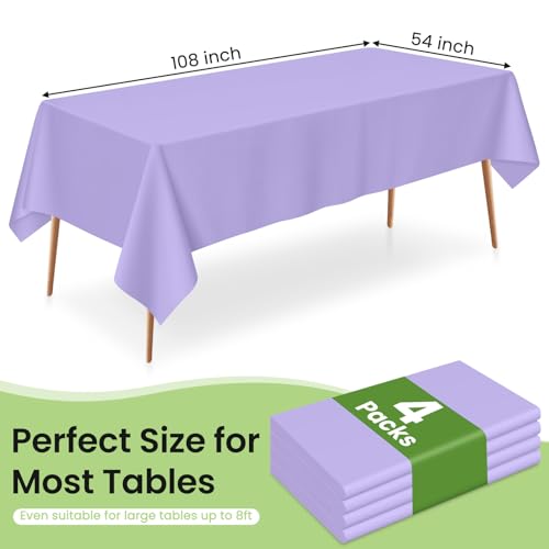 Image of LANLISA 4 Pack Lavender Plastic Tablecloth, 54 x 108 Inch Rectangle Table Cloth Disposable, Easter Party, Decorative Tablecloths, Light Purple, Pastel, Lilac Plastic Cover