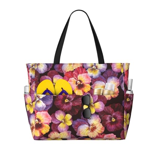 Sac fourre-tout avec poignées fleurs de pensée aquarelle de plage