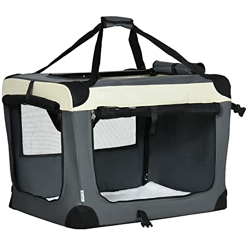 PawHut Trasportino per Cani e Gatti fino 10kg Pieghevole con 3 Aperture, Cuscino Rimovibile e Lavabile, 70x51x50cm, Grigio