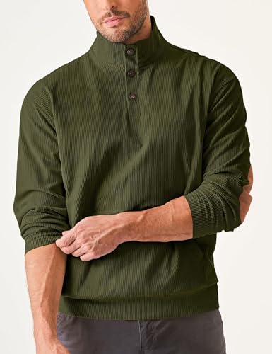 Mens Corduroy Sweatshirts Long Sleeve Henley Shirts Casual Stand Collar Quarter Button Pullovers with Big Pocket2