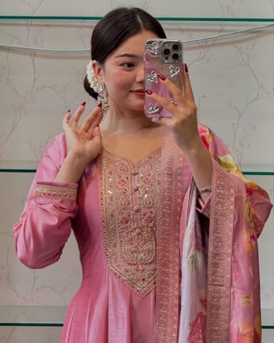 Image of by Pink Anarkali Flared Kurti Pant Dupatta Suit Set.