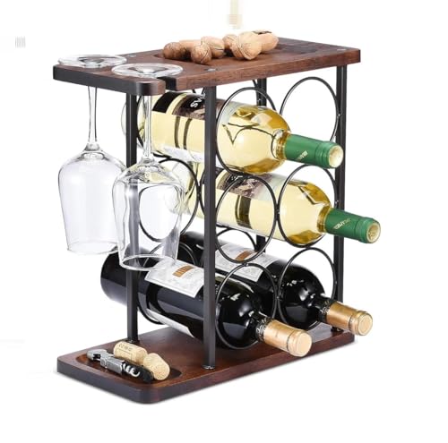 Image of Solid Wood Wine Bottle Rack for Home | Wooden & Metal Wall Mounted Wine Racks with 6 Stem Glass Holders for Wine Glasses (Natural)