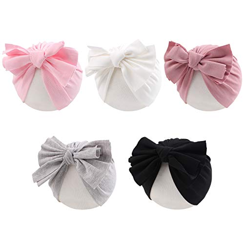 Baby Girl Turban Newborn Beanie Hat 5 Pieces Cotton Infant Girls Headwraps Toddler Kids Hats 0-3 Years (Bow(White,Black,Gray,Light Pink,Taro Pink)) #TOP4
