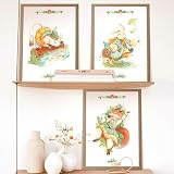 NATNAT Arts Láminas Animales del Bosque A4 – Set de 3 Ilustraciones en Acuarela Estilo Cuento Clásico en Papel Texturizado – Decoración de Pared para Habitación, Estudio o Cuarto Infantil Marco