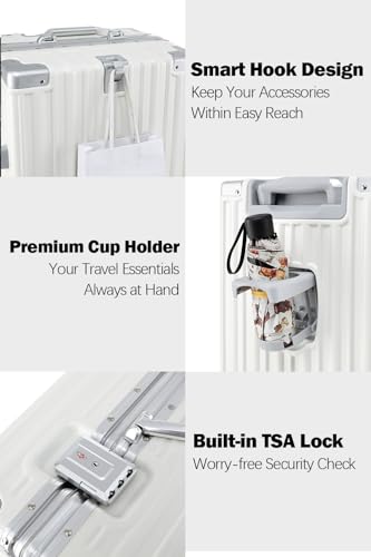 HotWay 20 Inch Aluminum Frame Carry On Luggage with Spinner Wheels, PC Hard Shell Suitcase with Cup Holder, Zipperless Luggage for Business Travel, White4