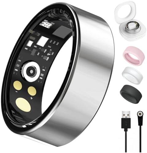 Smart Ring for Women Men, Health Tracker with Heart Rate/Blood Oxygen/Blood Pressure/Sleep Monitoring/Step Counting, IP68 Waterproof Fitness Ring, No App Fees for iPhone & Android (Silver, 7#)