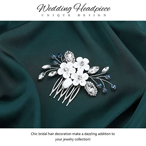 Catery Flower Bride Wedding Hair Comb Silver Small Side Comb Blue Crystal Bridal Hair Piece Hair Jewelry Bridal Hair Accessories For Women And Girls #TOP2