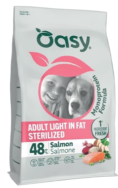 OASY Cane MONOPROTEIN FORMULA • Adult Light in Fat Sterilized Salmone | alimento secco completo per cani adulti sterilizzati che svolgono attività ridotta, monoproteico, 1 confezione da 2 kg.