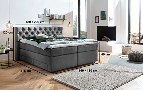 Belanoti ® Lara Boxspringbett 180x200 mit 4 Schubladen Stauraum Bett 180x200 mit Bettkasten in der Farbe Dunkelgrau H2/H3 Chesterfield Kopfteil 7-Zonen Taschenfederkern Matratze inkl. Visco Topper – Bild 6