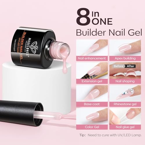 Image of modelones Gel Polish Builder Nail Set, Builder Base Colors Jelly Nude Pink Hard Strengthener Rubber Gel Polish 8-in-One Extension LED Nail Lamp Cured 6 Colors