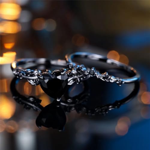 New 2026 Female Black Red Zircon Stone Heart Ring Set Vintage Gold Color Bridal Wedding Bands Party Jewelry for Women Fashion Luxury Accessories Creative Gift2