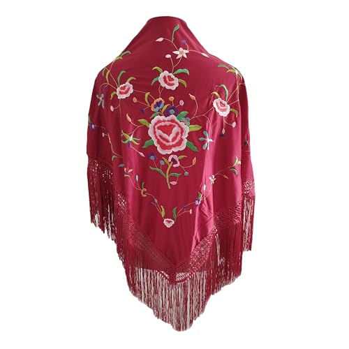 Mantones de flamenca mujer Estilo Mantón de Manila Mantones bordados Mantón grande típico baile flamenco Feria de Abril Sevilla El Rocío, Burdeos Multi Gran Flor (160 x 85cm)